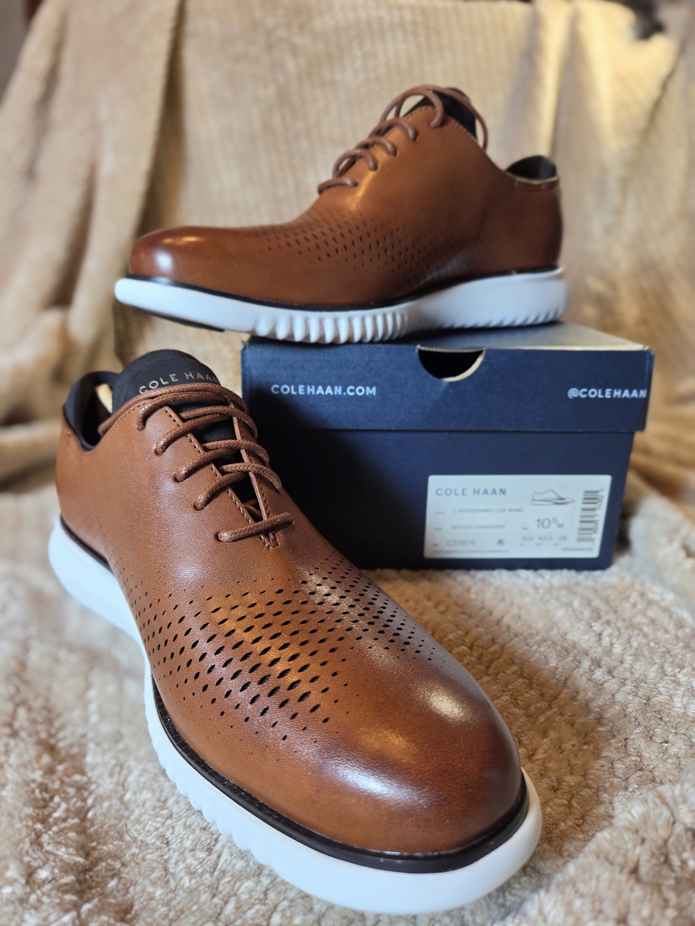Cole Haan Men’s Brown Leather Perforated Derbys with White Sole